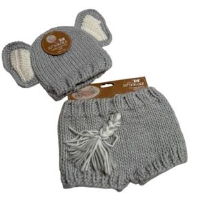 SO DORABLE‎ Grey Elephant Hand Knitted Baby Hat Diaper Cover Set 3 6 Months NWT